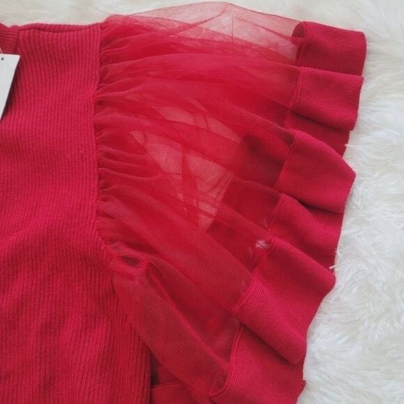 New York & Company red ribbed with butterfly sleeves high neck - Picture 11 of 13